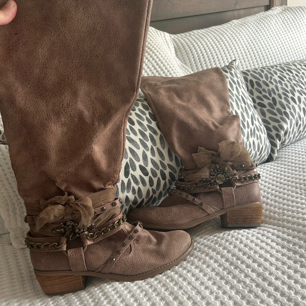 Not Rated Tan Heeled Boots with Chain and Flower Accents